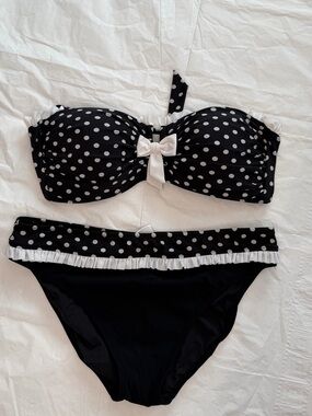 Black Polka Dot Bandeau Bikini Set with White Ruffle Bow